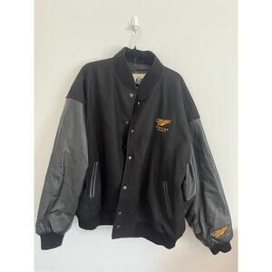 Burk's Bay Miller Varsity Jacket Men 2XL Black Wool Leather‎ Bomber Coat